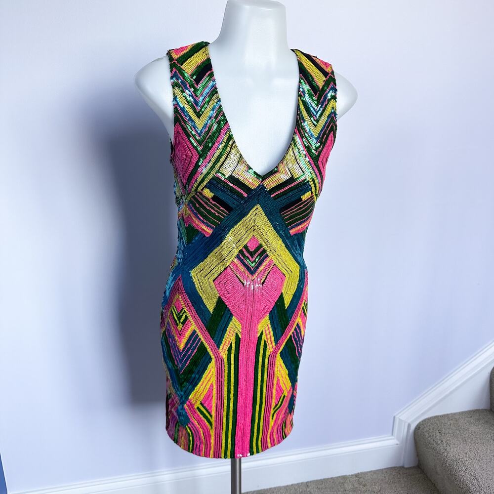 Kira Kira Multicolor Geometric Print Sequins Mini Dress Size Small